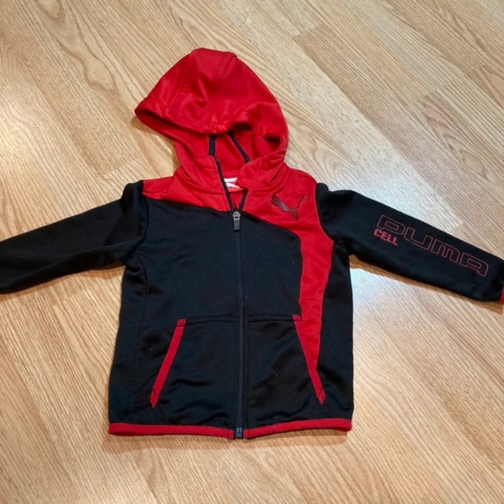 Puma Boys' Full Zip Hoodie Black Red Colorblock Activewear